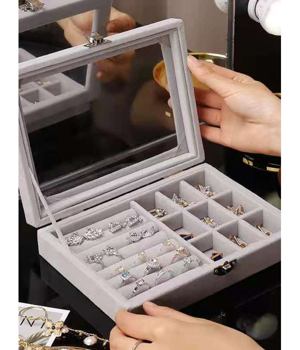 YouBella Jewellery Organiser Box Velvet Clear Lid Jewelry Organizer, Ring Earring Bracelets Jewelry Storage Case, Lockable Jewelry Box for Girls Women (Jewellery_Box_33) (Grey)